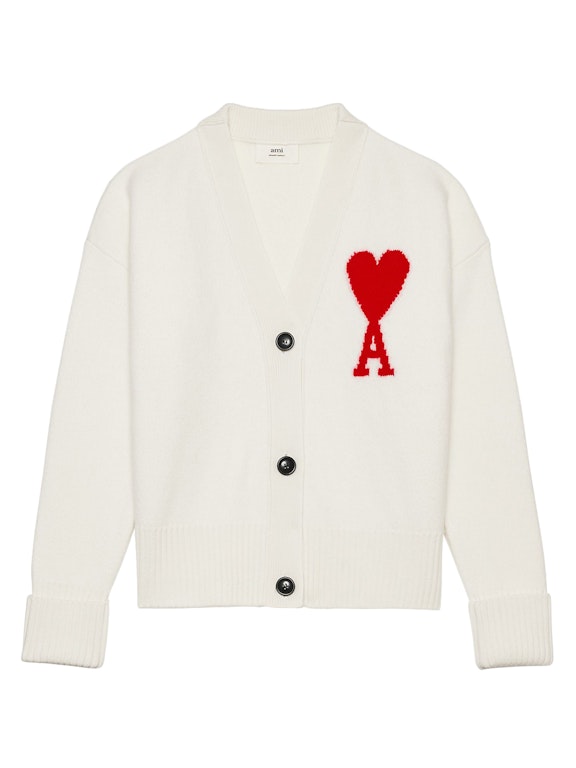 Pre-owned Ami Alexandre Mattiussi Ami Paris Ami De Coeur Merino Wool Oversize Cardigan White/red