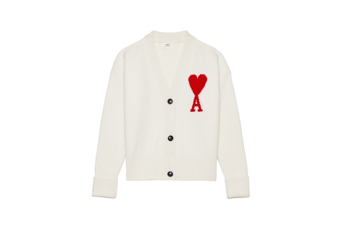 Pre-owned Ami Alexandre Mattiussi Ami Paris Ami De Coeur Merino Wool Oversize Cardigan White/red