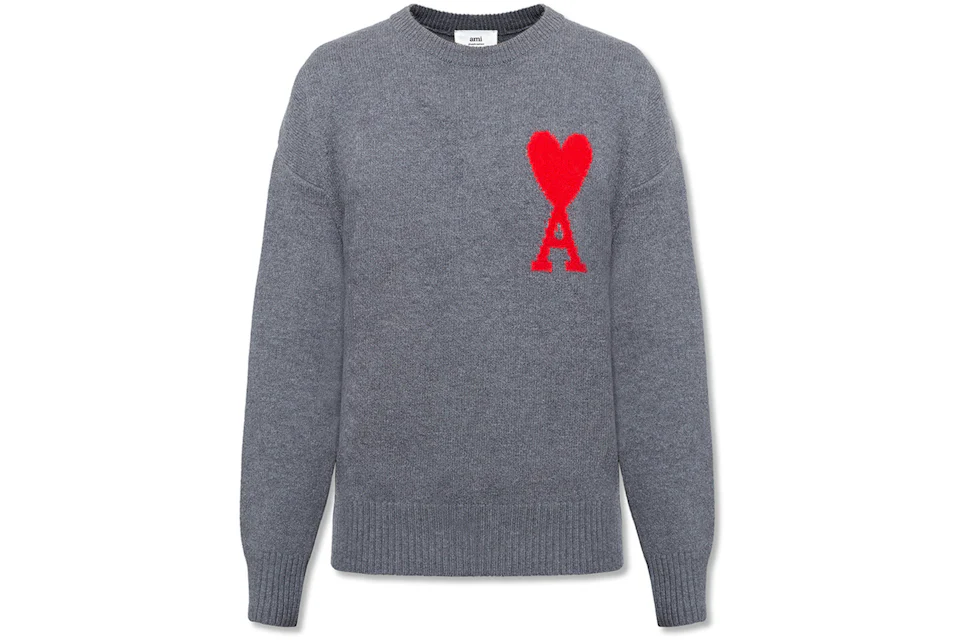 Ami Paris Ami De Coeur Merino Wool Oversized Crewneck Sweater Heather Grey/Red