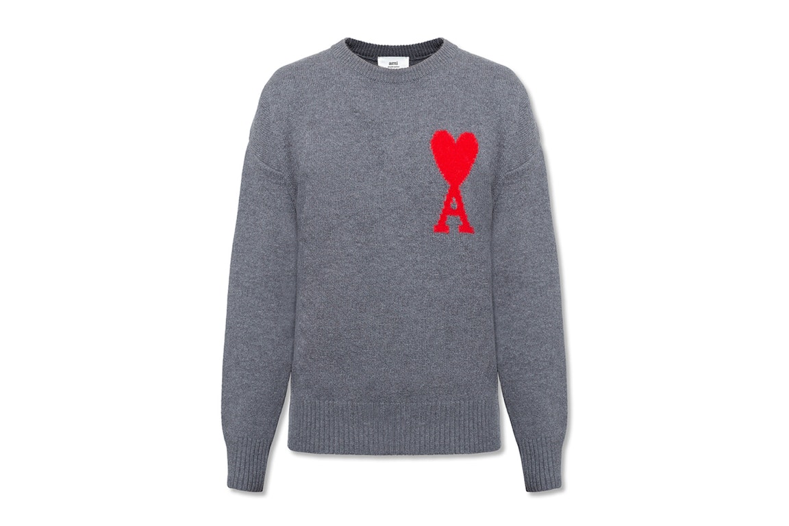 Pre-owned Ami Alexandre Mattiussi Ami Paris Ami De Coeur Merino Wool Oversized Crewneck Sweater Heather Grey/red