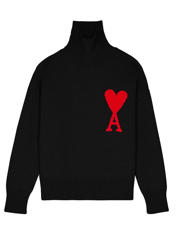 Pre-owned Ami Alexandre Mattiussi Ami Paris Ami De Coeur Oversize Funnel Neck Sweater Black/red