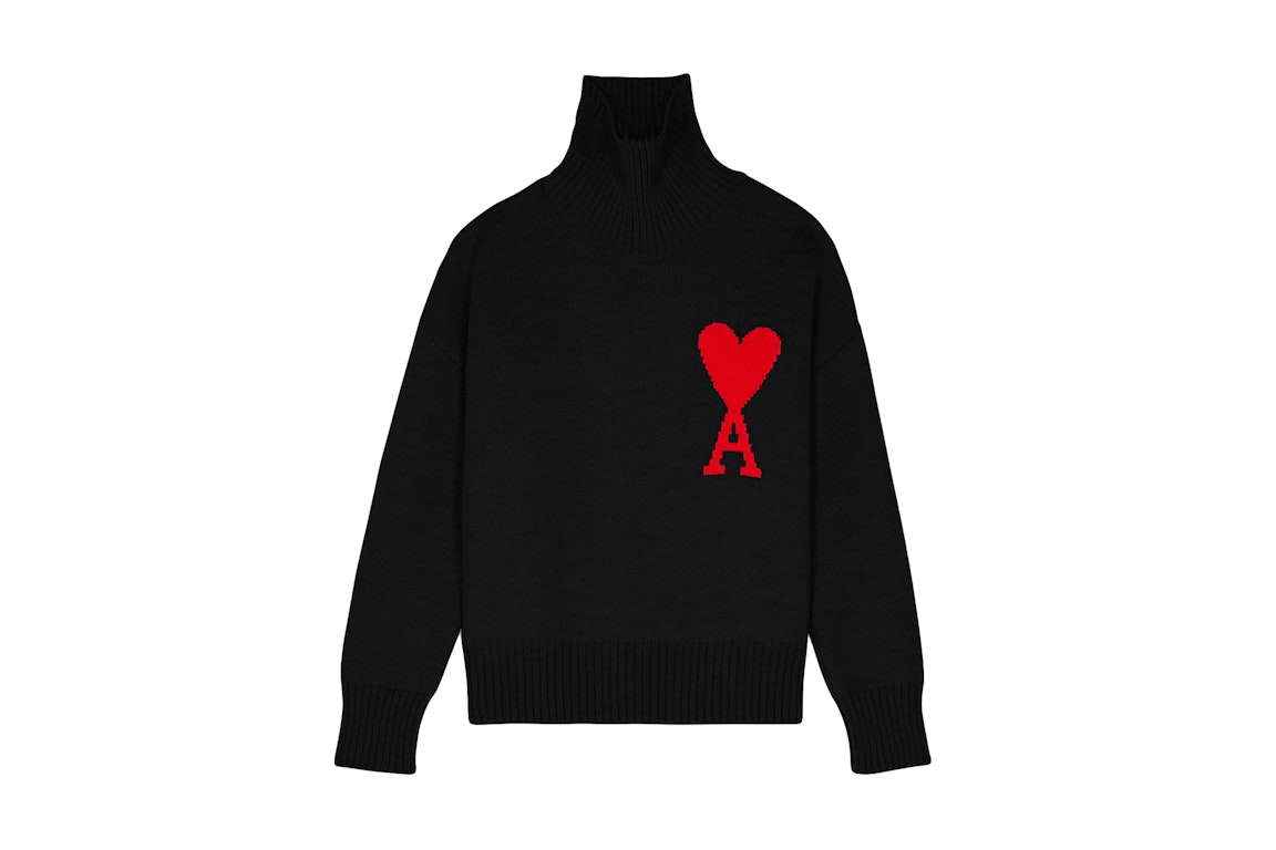 Pre-owned Ami Alexandre Mattiussi Ami Paris Ami De Coeur Oversize Funnel Neck Sweater Black/red