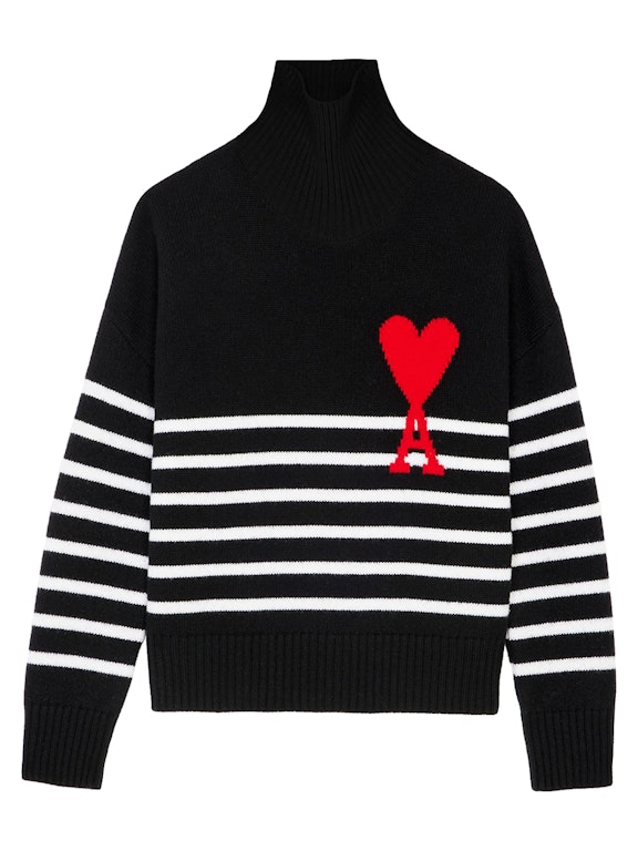 Pre-owned Ami Alexandre Mattiussi Ami Paris Ami De Coeur Striped Funnel Neck Oversize Sweater Black/white/red