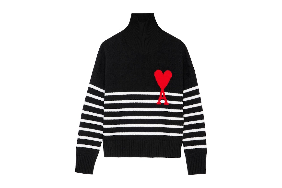 Pre-owned Ami Alexandre Mattiussi Ami Paris Ami De Coeur Striped Funnel Neck Oversize Sweater Black/white/red