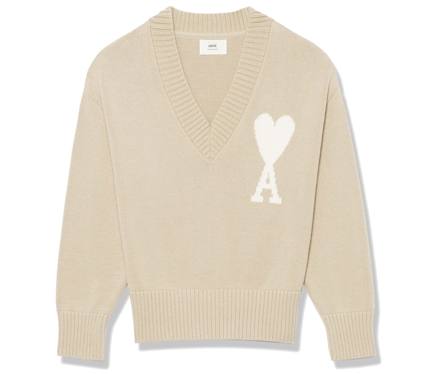 Pre-owned Ami Alexandre Mattiussi Ami Paris Ami De Coeur V Neck Sweater Beige White