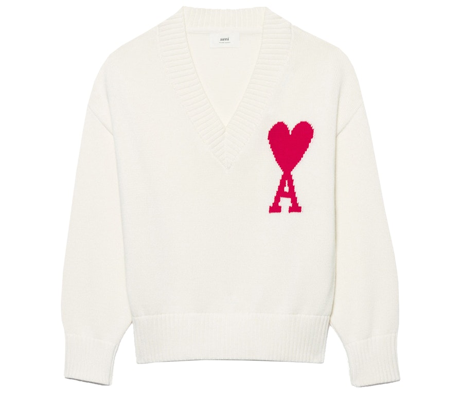 Pre-owned Ami Alexandre Mattiussi Ami Paris Ami De Coeur V Neck Sweater White