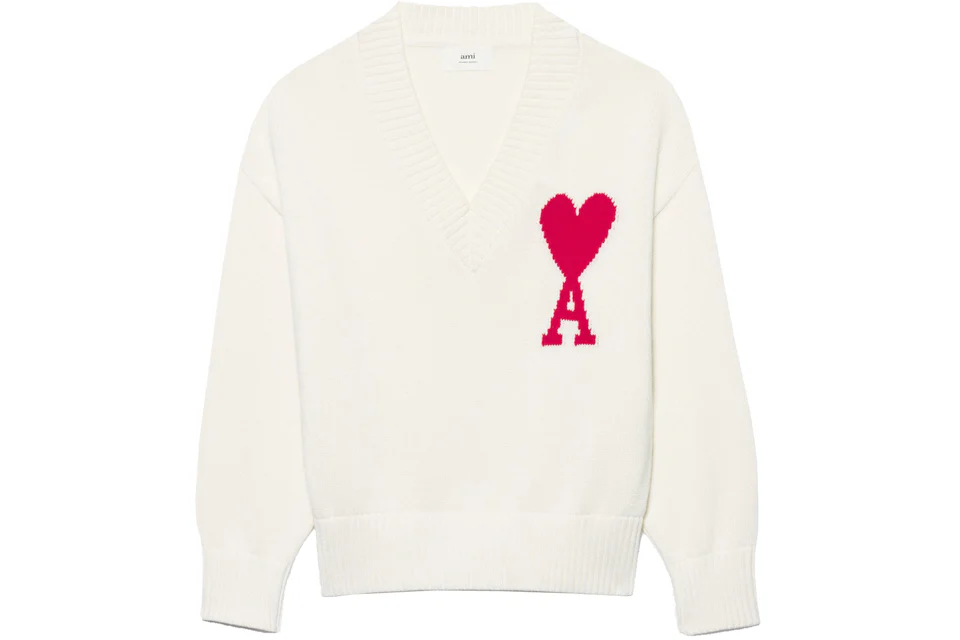 Ami Paris Ami De Coeur V Neck Sweater White