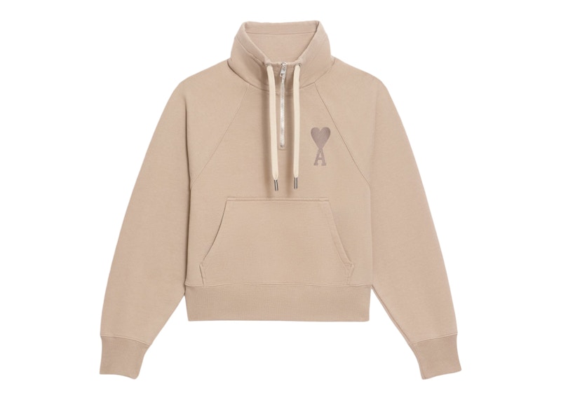 Ami Paris Ami de Coeur Half Zip Boxy Fit Sweatshirt Beige Fonce