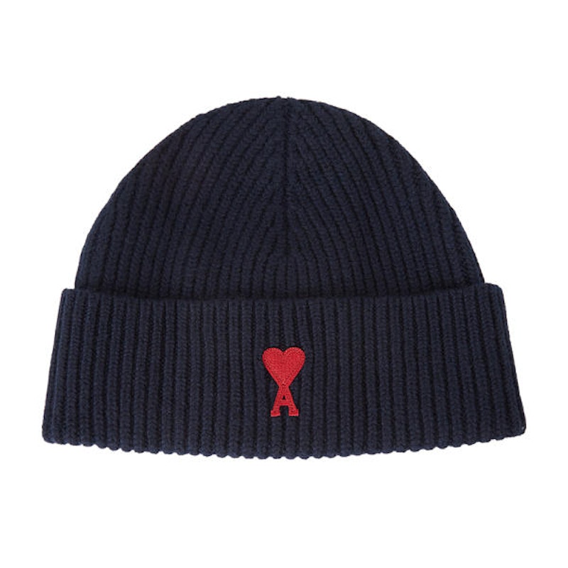 Pre-owned Ami Alexandre Mattiussi Ami De Coeur Logo Patch Merano Wool Beanie In Navy Blue