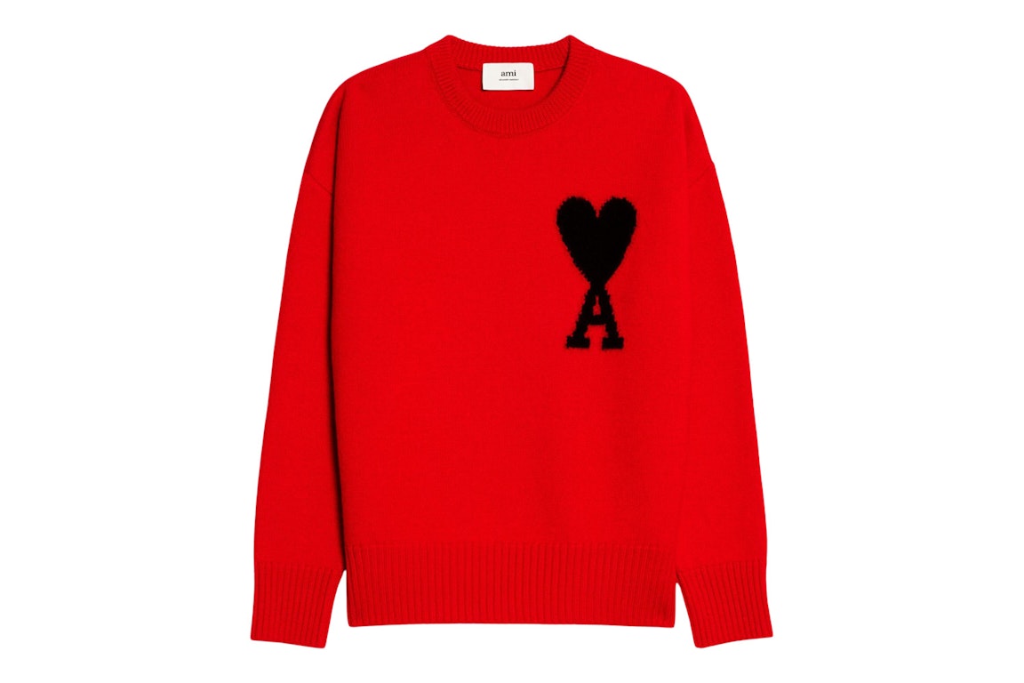 Pre-owned Ami Alexandre Mattiussi Ami Paris Ami De Coeur Merino Wool Crewneck Jumper Red/black