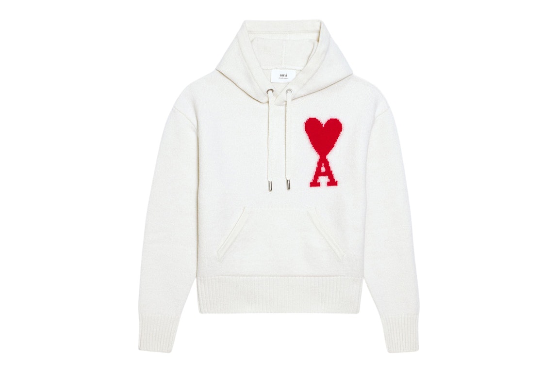 Pre-owned Ami Alexandre Mattiussi Ami Paris Ami De Coeur Merino Wool Knit Hoode Off White/red