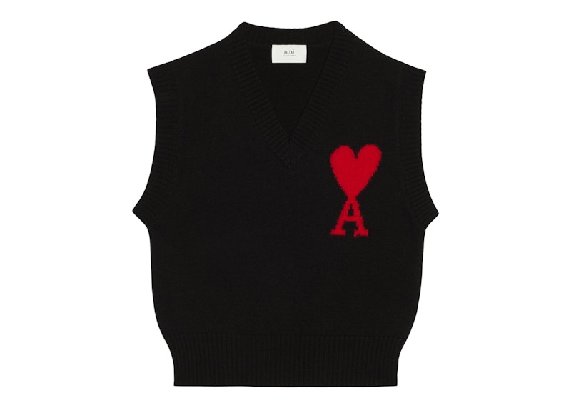 Pre-owned Ami Alexandre Mattiussi Ami De Coeur Merino Wool Sleeveless Sweater In Black/red