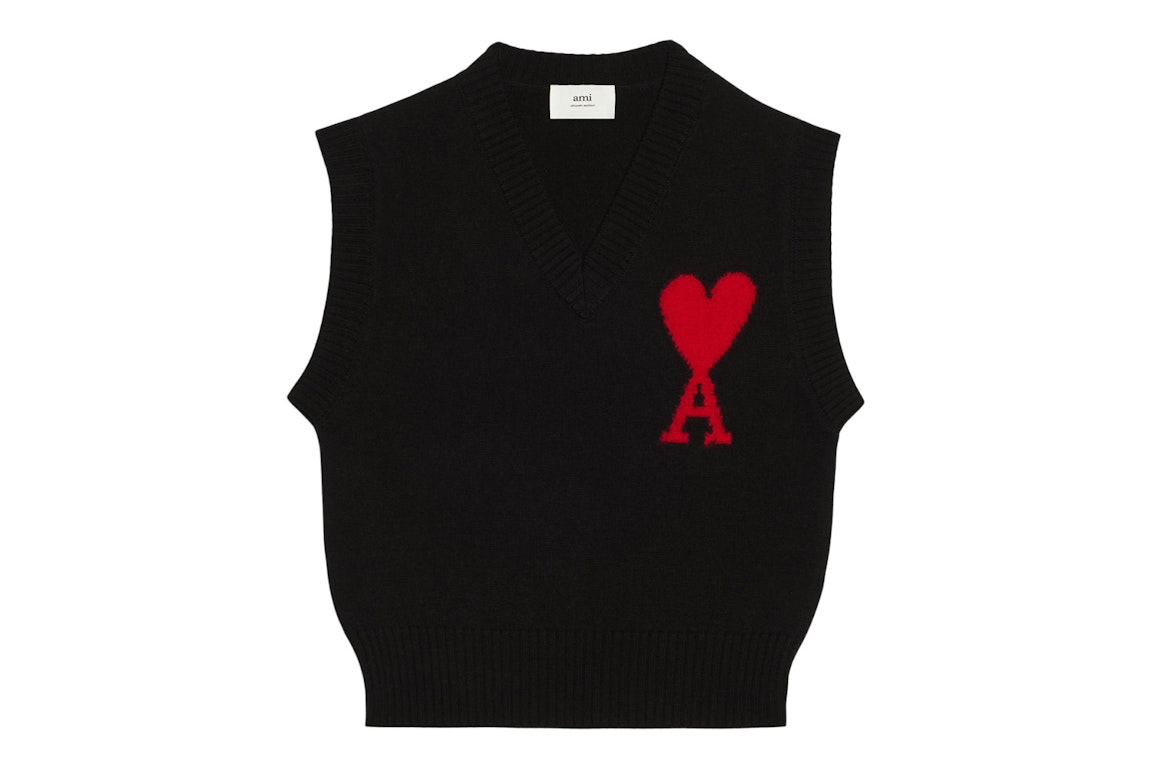 Pre-owned Ami Alexandre Mattiussi Ami Paris Ami De Coeur Merino Wool Sleeveless Sweater Black/red