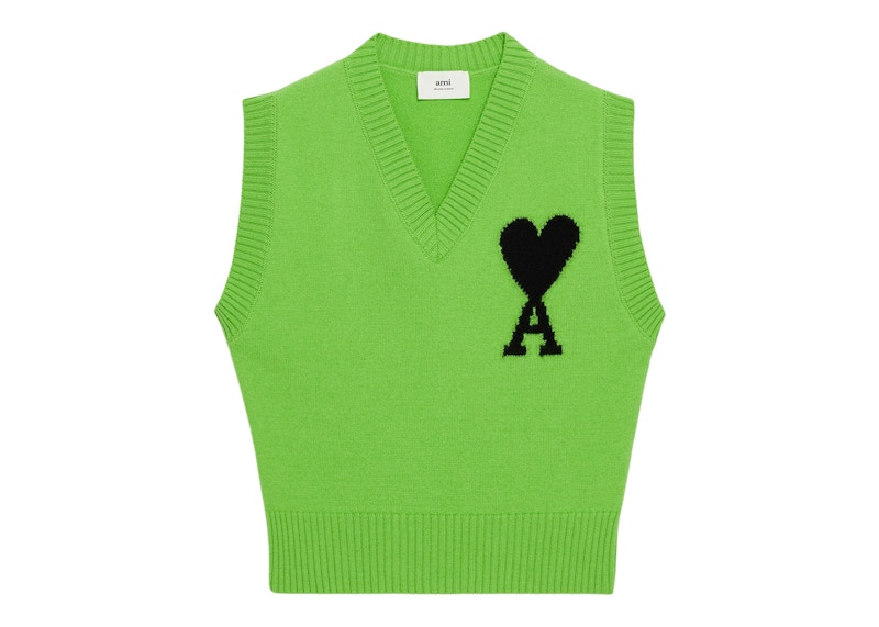 Pre-owned Ami Alexandre Mattiussi Ami De Coeur Merino Wool Sleeveless Sweater In Green/black