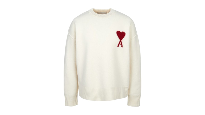 Pre-owned Ami Alexandre Mattiussi White Wool Ami De Coeur Crewneck Sweatshirt Sweater In Offwhite/red