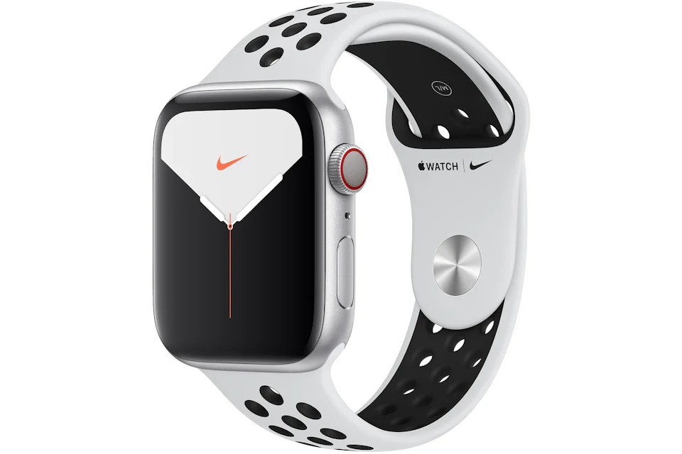 Apple Watch Nike Series 5 GPS + Cellular 44mm Silver Aluminum with Pure Platinum Black Band A2095