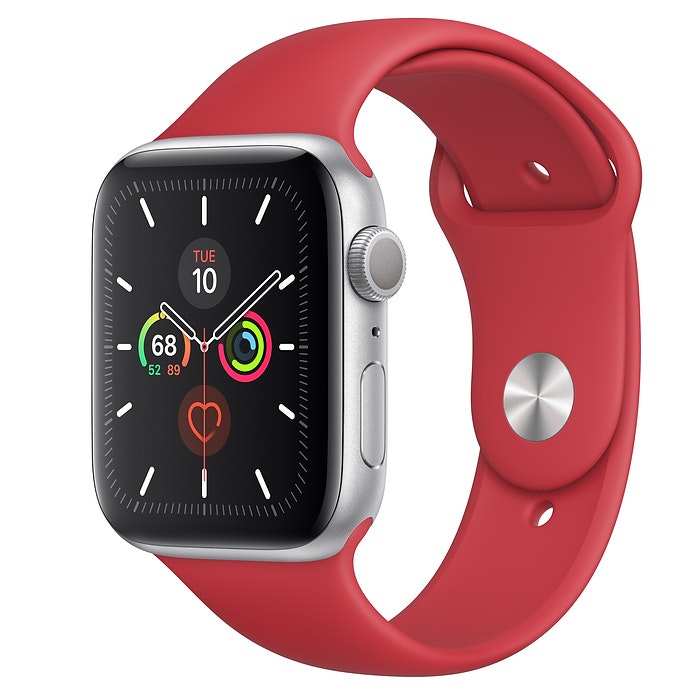 Apple Watch Series 5 GPS 44mm Silver Aluminum with Red Sport Band A2093 -  44mm in Aluminum