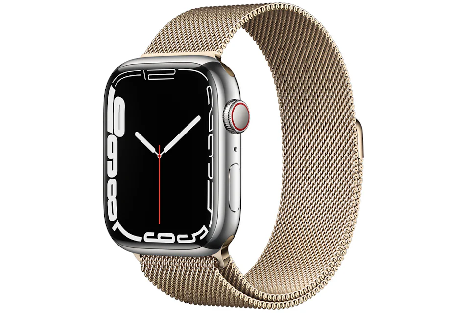 Apple Watch Series 7 GPS + Cellular 45mm Silver Stainless Steel with Gold Milanese Loop A2477