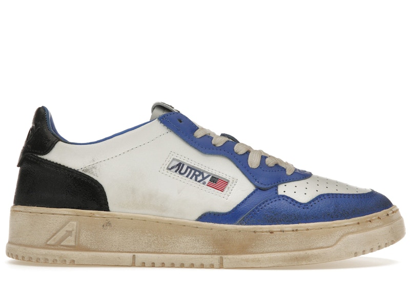 Pre-owned Autry Men's Medalist Leather Low Distressed Sneakers In White/black/azure
