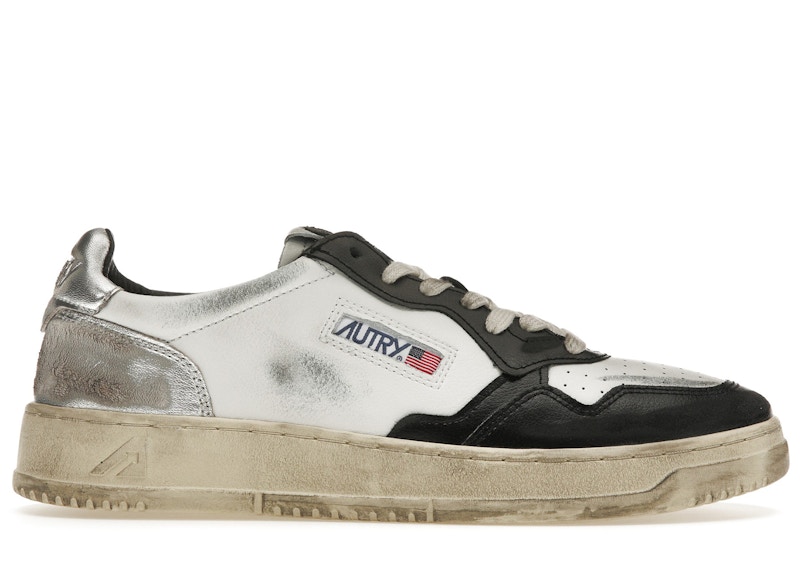 Pre-owned Autry Men's  Medalist Leather Low Distressed Sneakers In White/black/silver