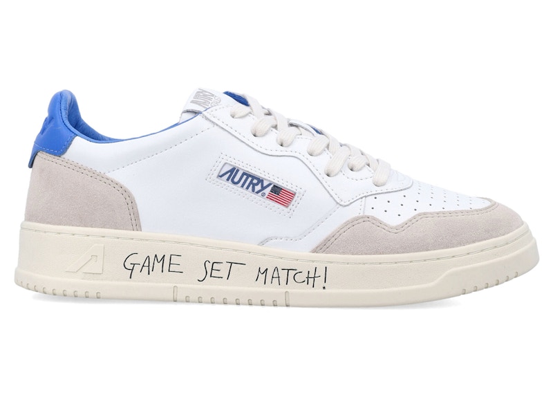 Pre-owned Autry Men's Medalist Leather Low Game Set Match! Grey Sneakers In White/palace Blue