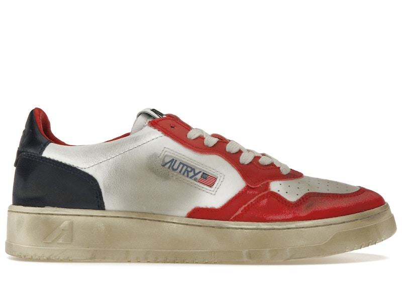 Pre-owned Autry Men's  Medalist Leather Low Super Vintage Sneakers In White/blue/red