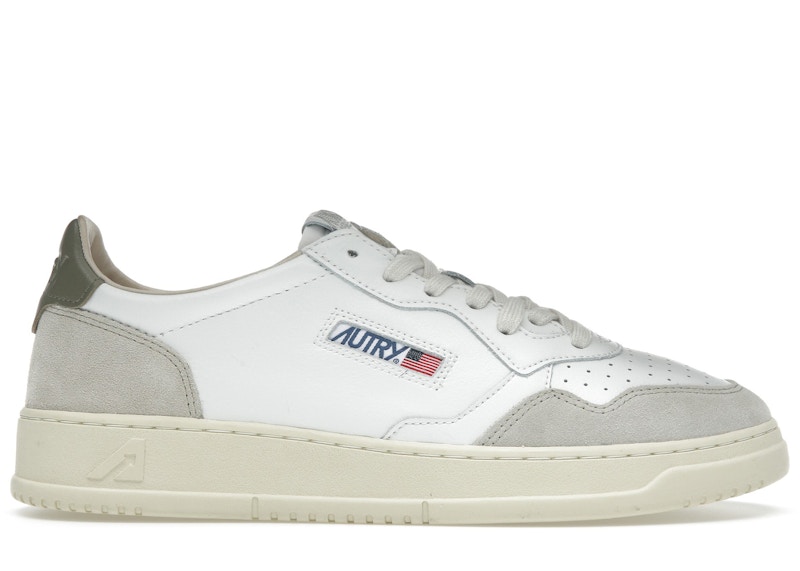 Pre-owned Autry Men's Medalist Leather Low Beige Sneakers In White/covert Green