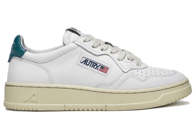 Pre-owned Autry Men's Medalist Leather Low Sneakers In White/petrol Blue/cream