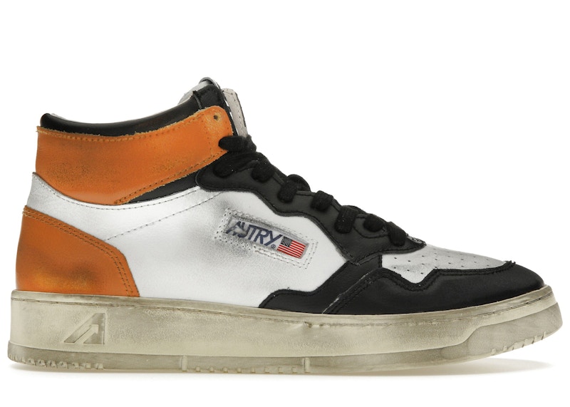 Pre-owned Autry Men's Medalist Leather Mid Super Vintage Sneakers In White/black/orange