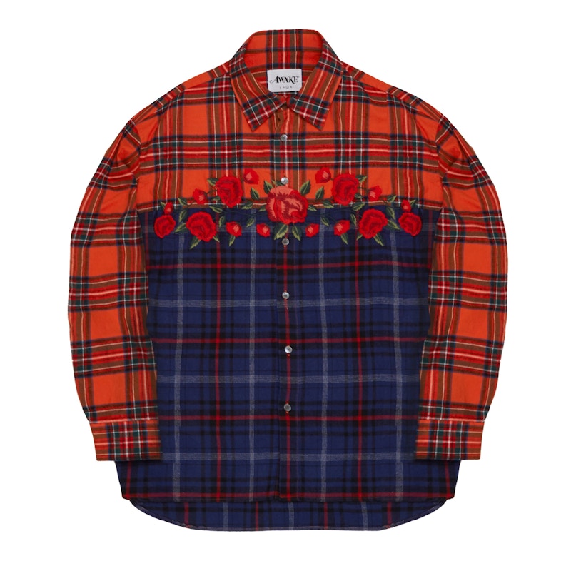 Awake Embroidered Rose Flannel Shirt Red