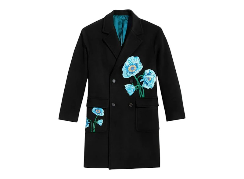 Awake Floral Embroidered Fleece Overcoat Coat Black