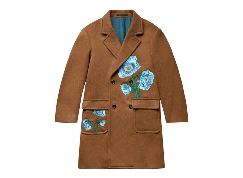 Awake Floral Embroidered Wool Overcoat Coat Brown