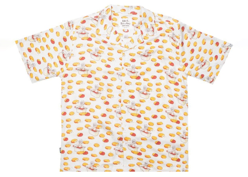 Pre-owned Bait Men's  X Rick And Morty Chicken Nugget Hawaiian Button Up Shirt In White