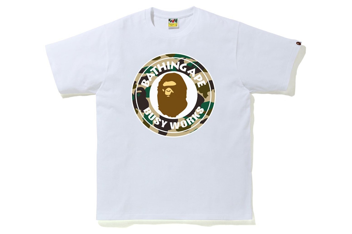 Click to view more detailed imagery on our partner's website Pre-owned Bape 1st Camo Busy Works Tee (ss21) White/yellow