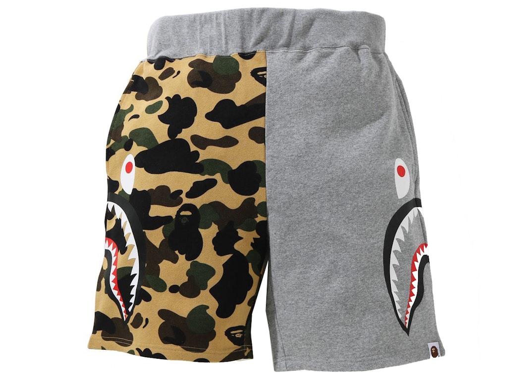 Pre-owned Bape 1st Camo Half Side Shark Sweat Shorts Yellow