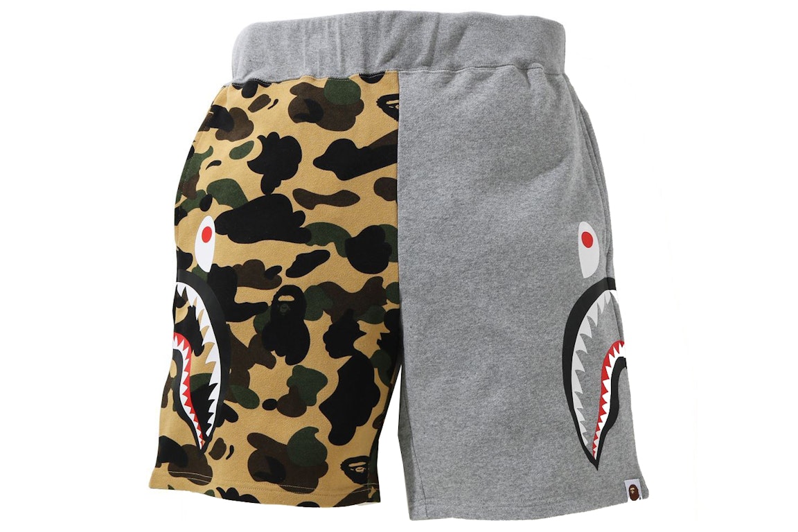 Pre-owned Bape 1st Camo Half Side Shark Sweat Shorts Yellow