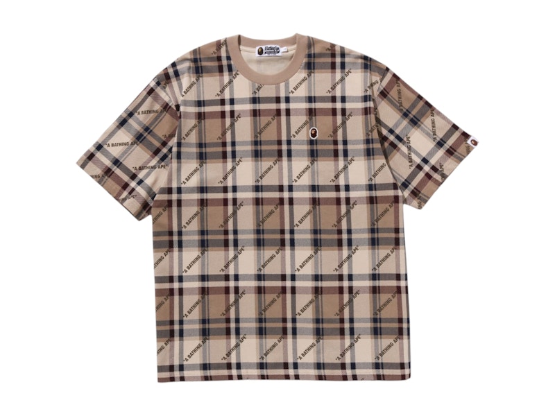 BAPE A Bathing Ape Logo Check Pattern Tee Beige