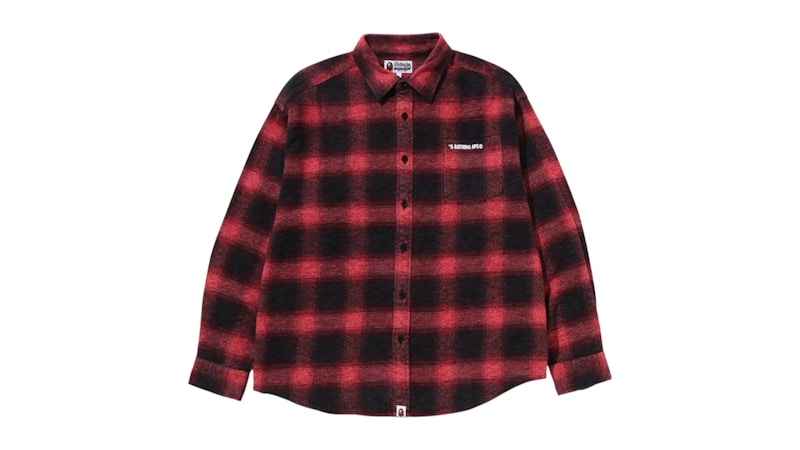 BAPE A Bathing Ape Logo Ombre Check Flannel L/S Shirt Red Men's