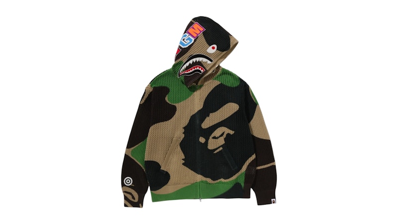 Men's BAPE ABC Camo Crochet Shark Relaxed Fit Full Zip Hoodie in Green