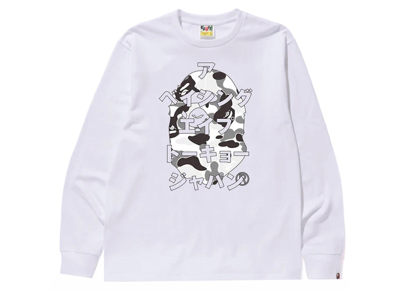 BAPE ABC Camo Japanese Letters Long Sleeve Tee White/Gray Men's