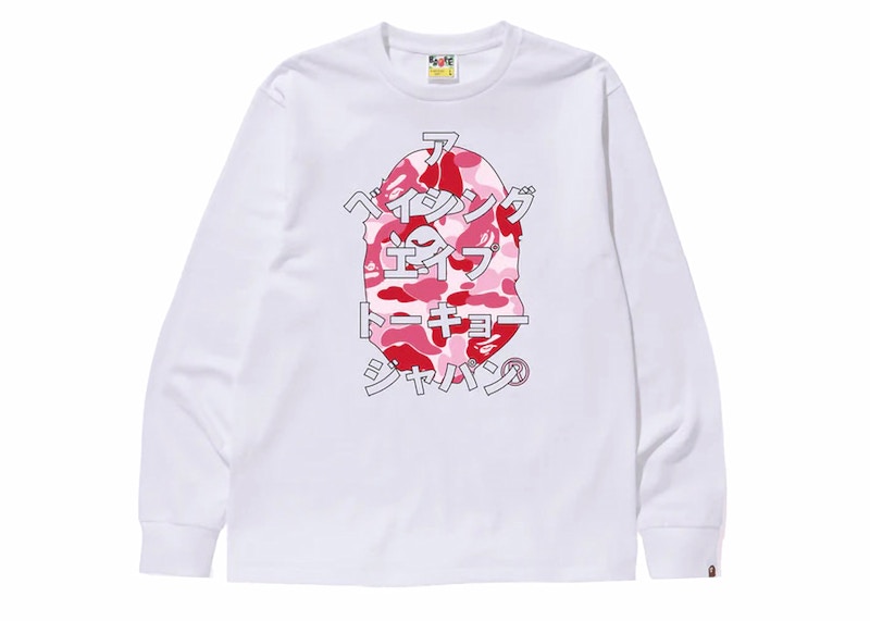 BAPE ABC Camo Japanese Letters Long Sleeve Tee White/Pink