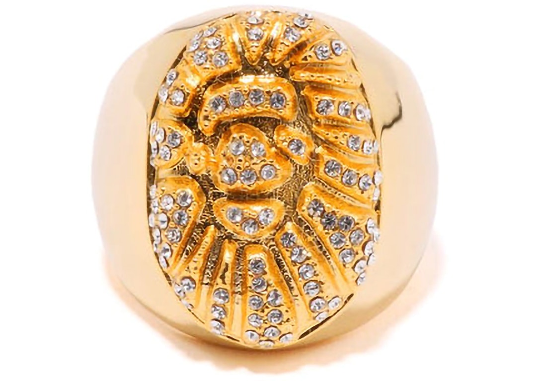 Pre-owned Bape Ape Head Crystal Stone Ring (fw22) Gold