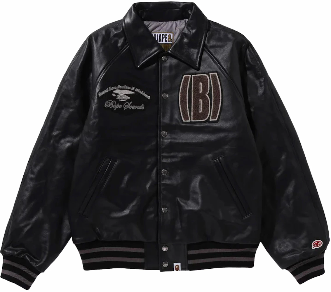 Bape (B)APE Leather Varsity Jacket Black
