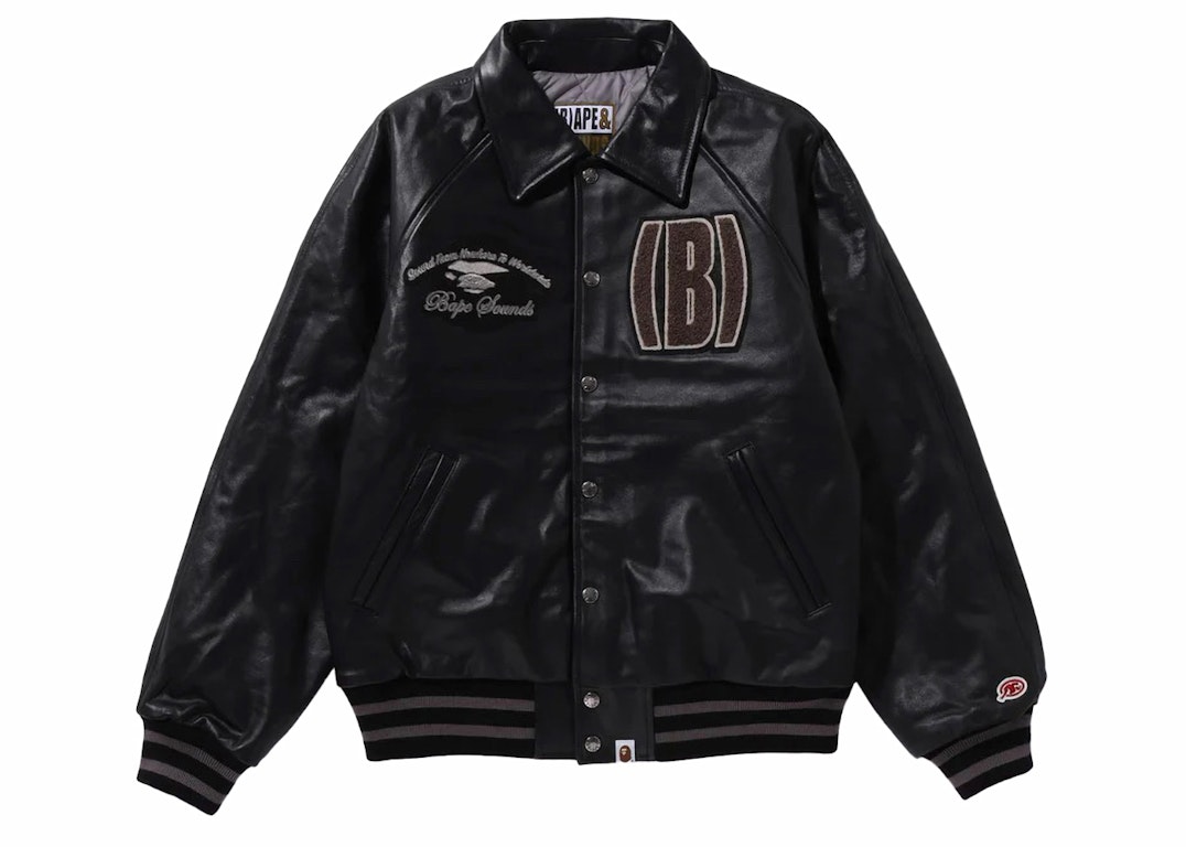 Pre-owned Bape (b)ape Leather Varsity Jacket Black