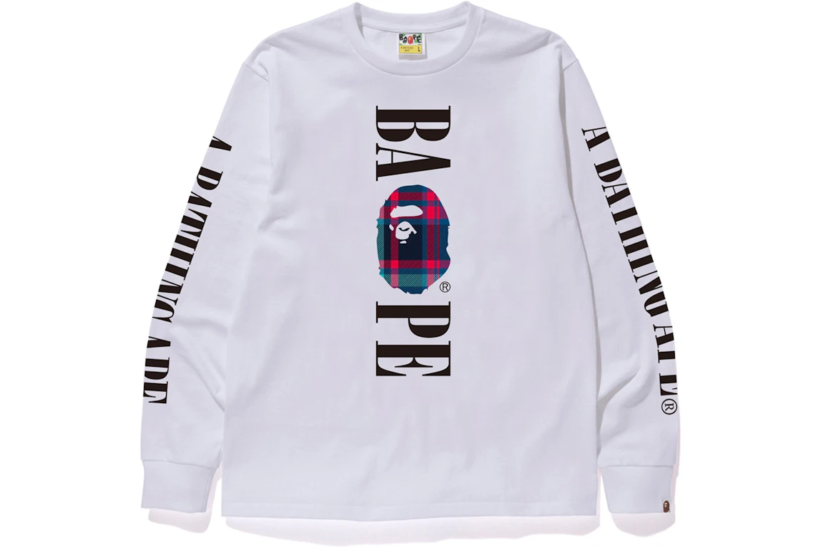 BAPE Check Bape Logo L/S Tee White/Navy