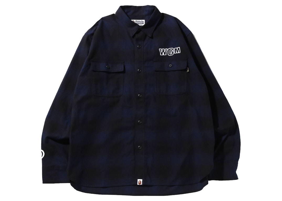 Pre-owned Bape Check Shark Relaxed Fit Flannel Shirt Navy