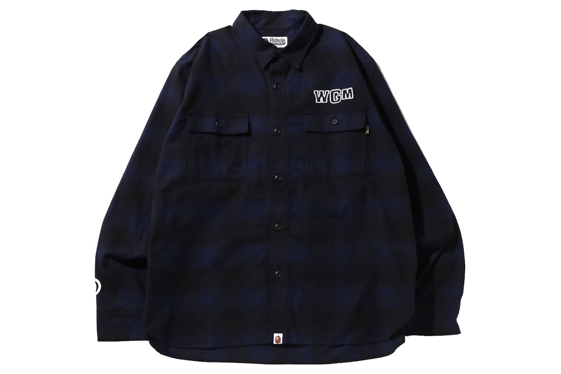 Pre-owned Bape Check Shark Relaxed Fit Flannel Shirt Navy