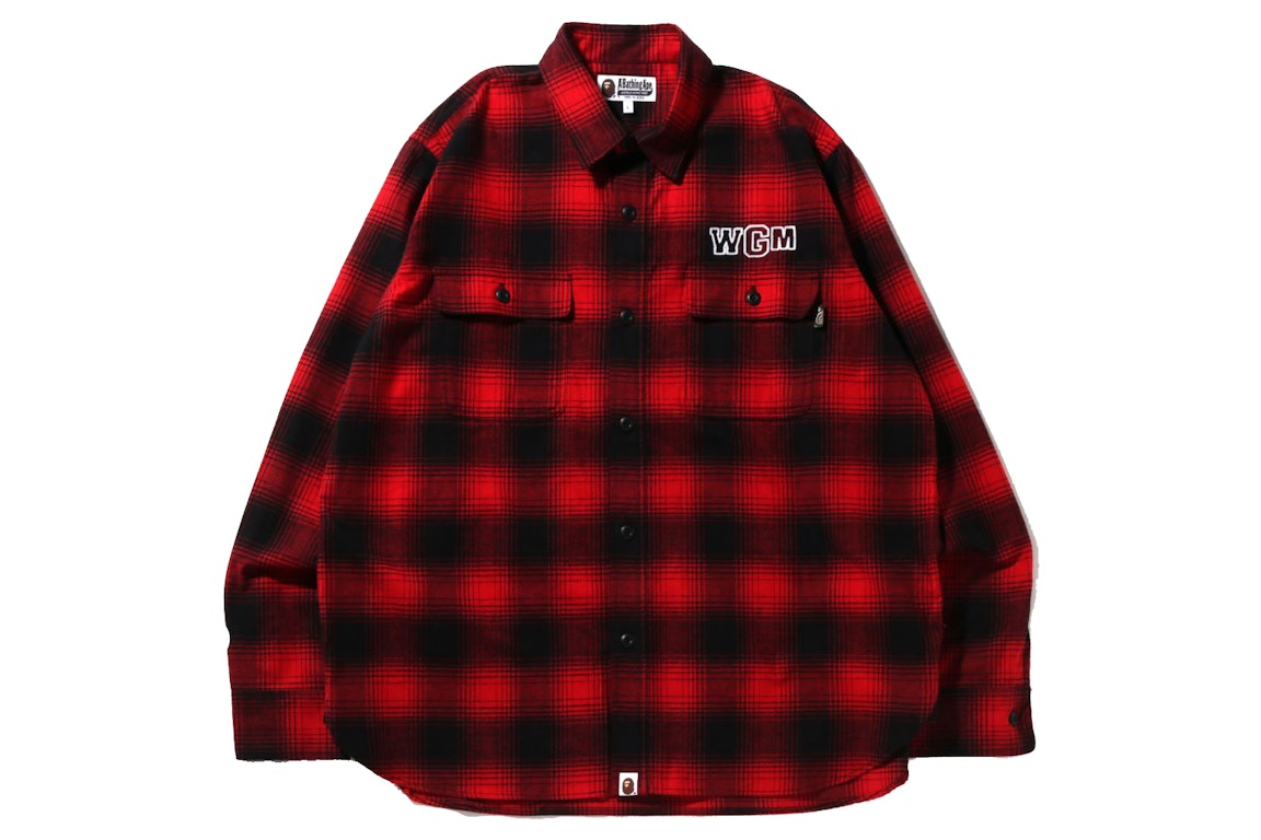 Pre-owned Bape Check Shark Relaxed Fit Flannel Shirt Red