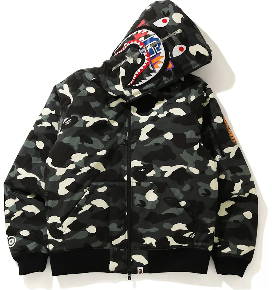 CITY CAMO SHARK HOODIE DOWN JACKET available at BAPE STORE