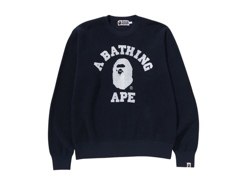 Pre-owned Bape Men's  College Waffle Crewneck Sweatshirt Sweater In Navy Blue